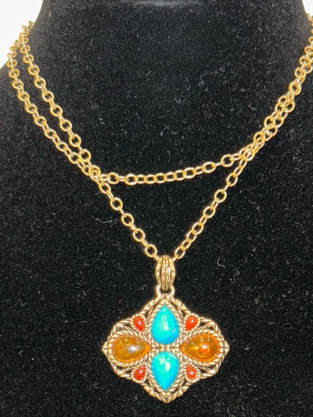 Barse Gold-Tone Necklace with Turquoise red and Amber Accents